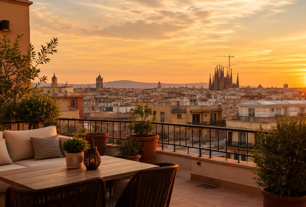 Barcelona, Spanien – Takterrass i solnedgången