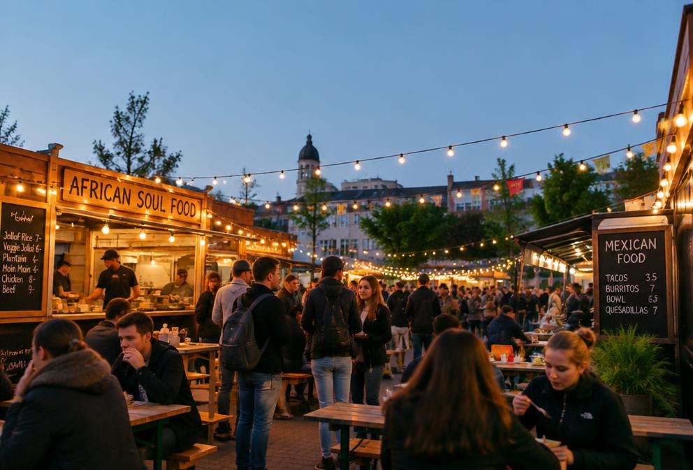 Berlin, Tyskland – Matmarknad i skymningen