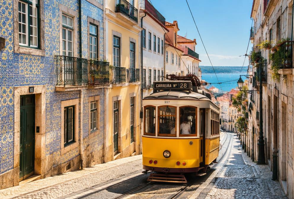 Lissabon, Portugal – Spårvagn i Alfama